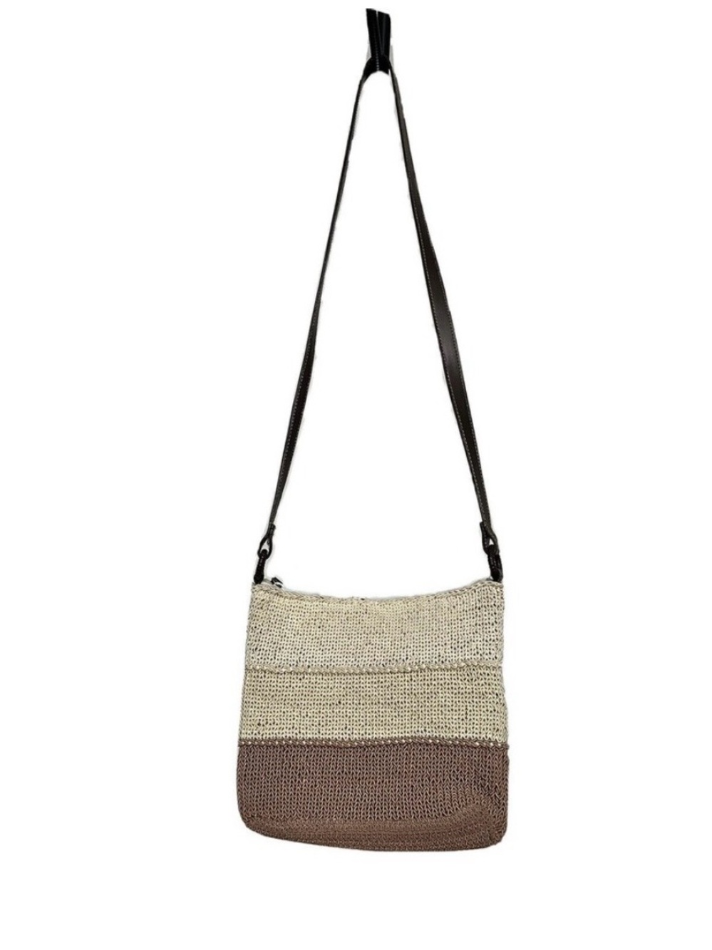 Liz Claiborne Crochet Crossbody Bag Colorblock Stripe Pocket Brown Beige Neutral